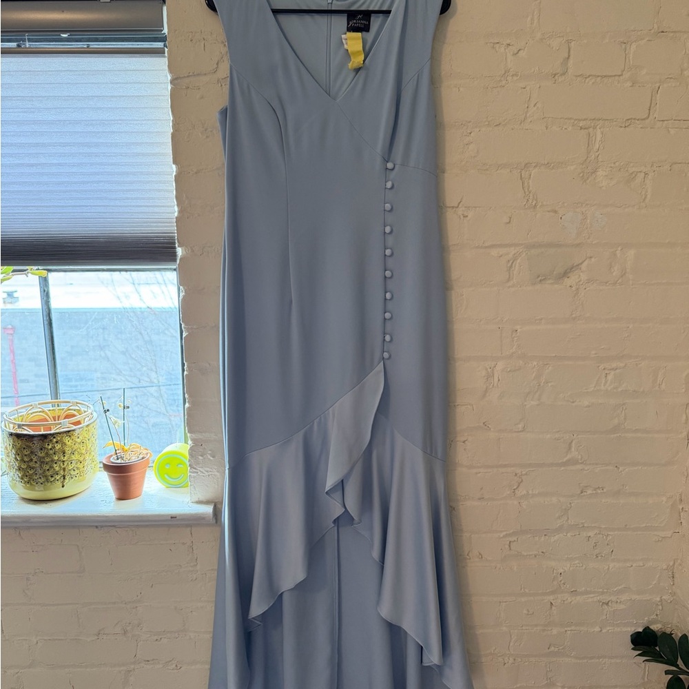 Elegant Blue Button-Front Maxi Dress with Ruffle Detail
